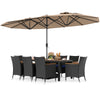 10-piece outdoor patio dining set featuring a brown rattan surface, acacia wood tabletop, and a large double-sided.