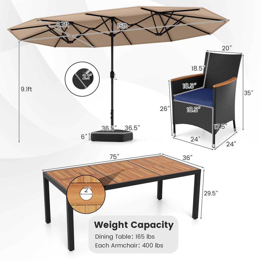 15-foot double-sided umbrella with a brown acacia wood tabletop and rattan chairs, perfect for outdoor dining.