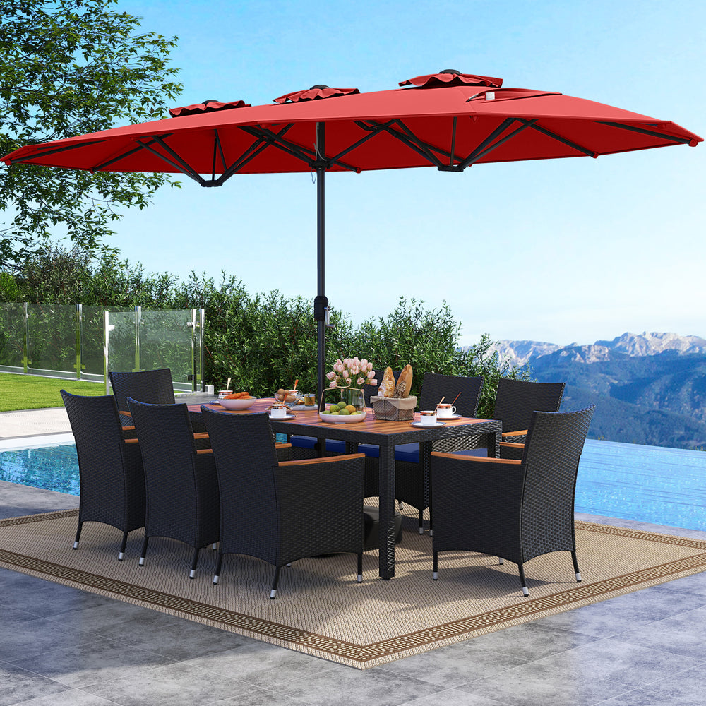 10 Piece Outdoor Patio Dining Set with 15 Feet Double-Sided Twin Umbrella-Red - Gallery View 1 of 6