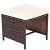 Square ottoman with removable cushion, made of brown PE wicker, perfect as a side table for outdoor patio use.