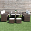 10-piece outdoor patio dining set featuring brown PE wicker chairs and ottomans, perfect for garden or poolside use.