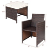 Outdoor patio armchair with removable cushion, made of brown PE wicker, ideal for garden and poolside use.