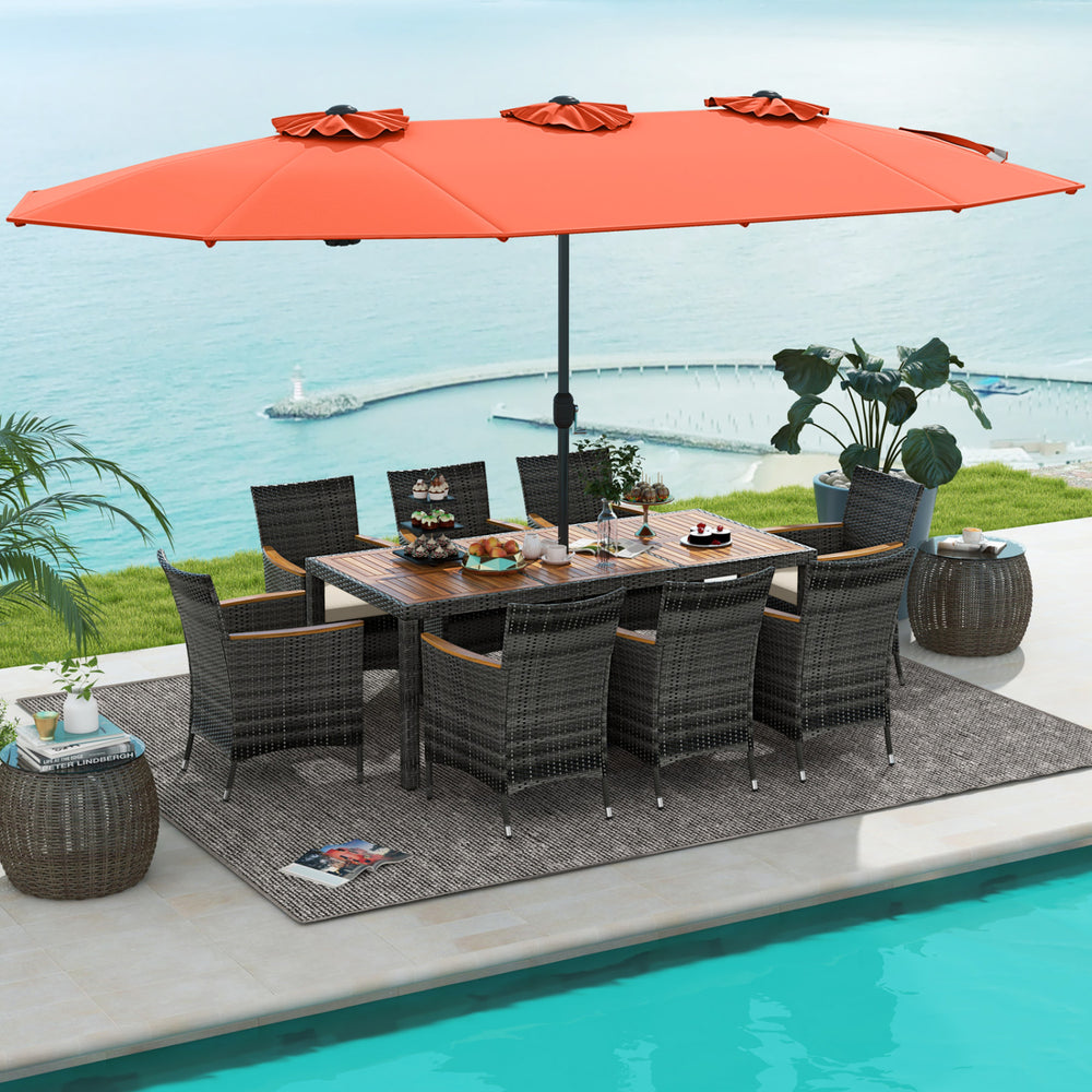 10 Pieces Patio Wicker Dining Set with 15 Feet Double-Sided Patio Umbrella-Orange - Gallery View 1 of 6