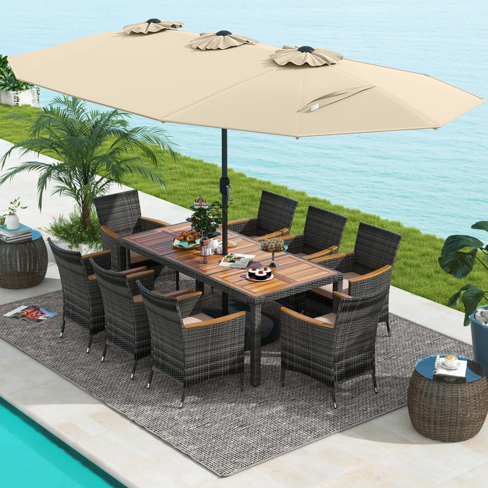 10 Pieces Patio Wicker Dining Set with 15 Feet Double-Sided Patio Umbrella-Beige - Gallery View 1 of 11