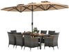 10-piece patio wicker dining set featuring a large double-sided umbrella, perfect for outdoor gatherings and relaxation.