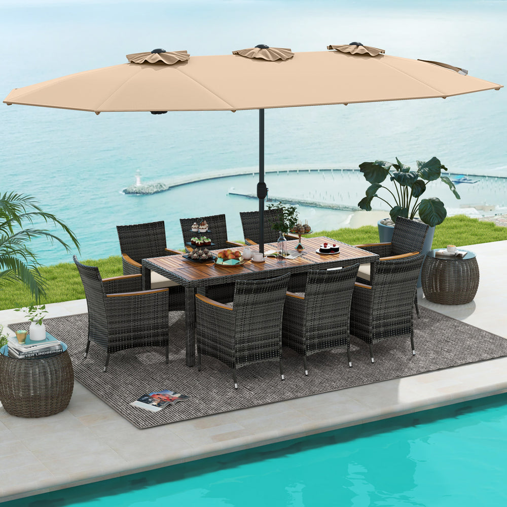 10 Pieces Patio Wicker Dining Set with 15 Feet Double-Sided Patio Umbrella-Brown - Gallery View 1 of 6