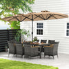 10-piece patio wicker dining set featuring a 15-foot double-sided umbrella, ideal for outdoor family gatherings.
