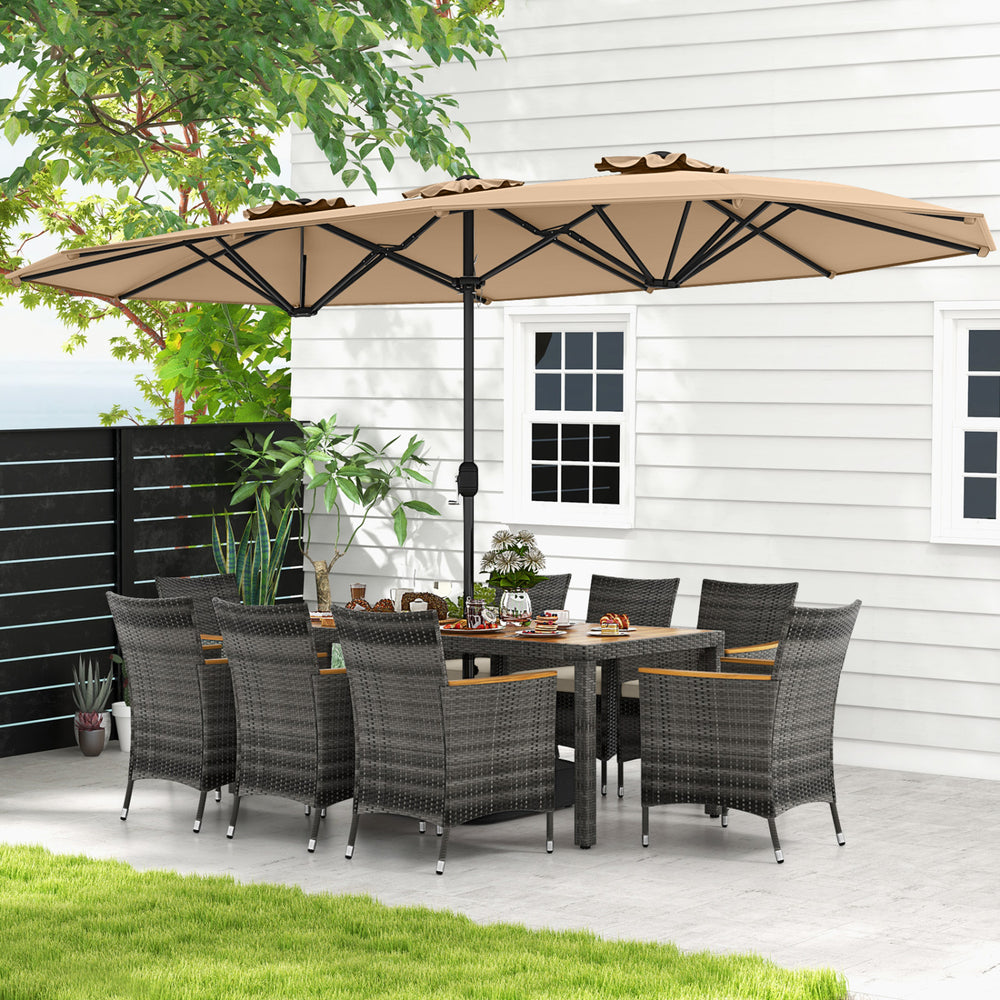 10-piece patio wicker dining set featuring a 15-foot double-sided umbrella, ideal for outdoor family gatherings.