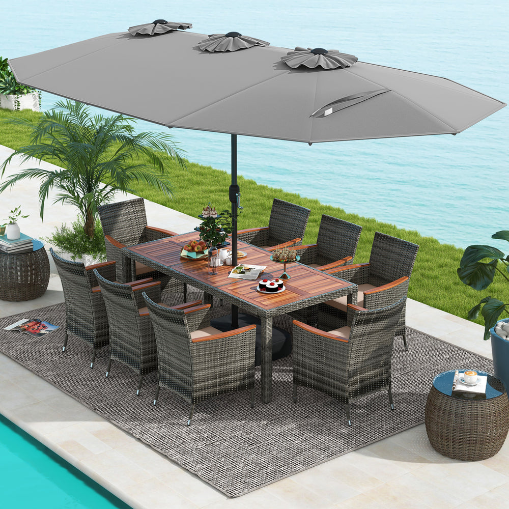 10 Pieces Patio Wicker Dining Set with 15 Feet Double-Sided Patio Umbrella-Gray - Gallery View 1 of 12