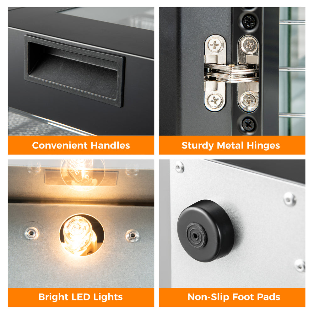 Convenient handles, sturdy metal hinges, bright LED lights, and non-slip foot pads for the stainless steel food dryer.