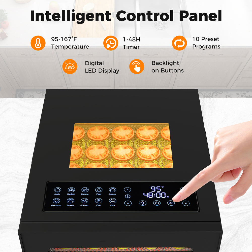 Intelligent control panel of the black 10 stainless steel trays dryer with digital LED display and 10 preset programs.