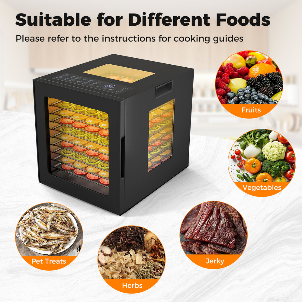10 stainless steel tray food dryer with digital display, suitable for fruits, vegetables, jerky, and pet treats.