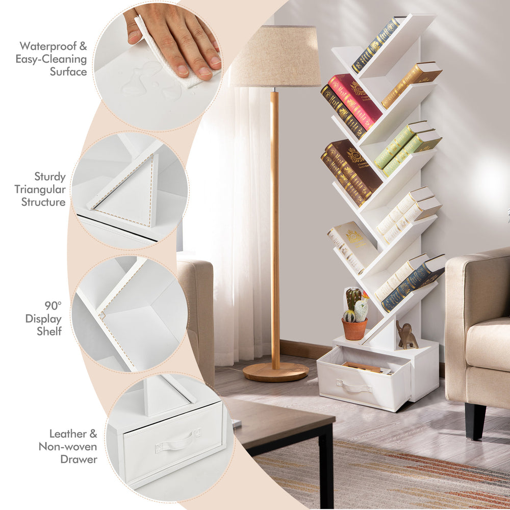 Tree-shaped 10-tier bookshelf in white with a removable fabric drawer, perfect for compact storage in any room.