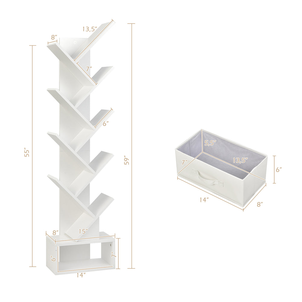 Tree-shaped 10-tier bookshelf in white with removable fabric drawer, perfect for compact storage in any room.