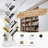 Tree-shaped 10-tier bookshelf in white with a removable drawer, perfect for organized storage in small spaces.