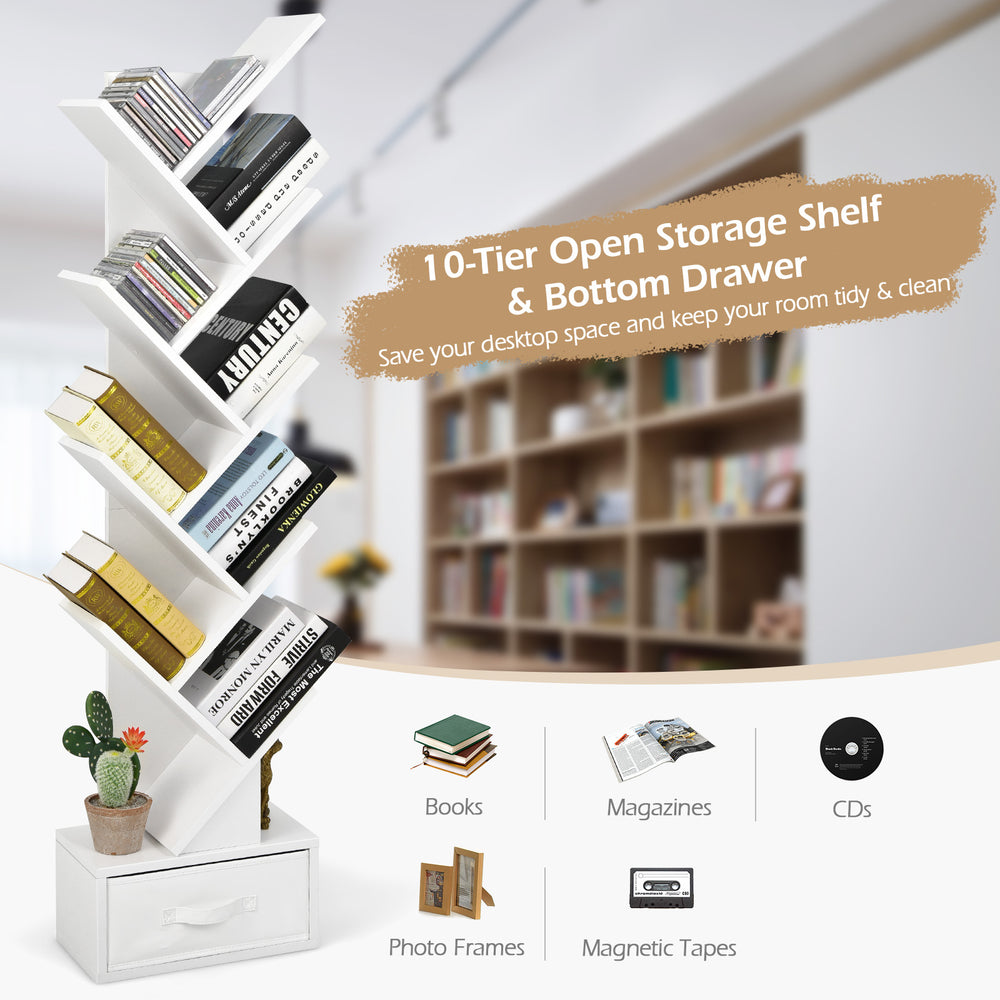 Tree-shaped 10-tier bookshelf in white with a removable drawer, perfect for organized storage in small spaces.