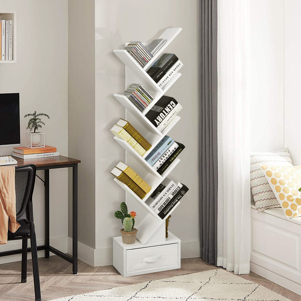 Tree-shaped 10-tier bookshelf in white with a removable drawer, perfect for corner storage in living rooms or studies.