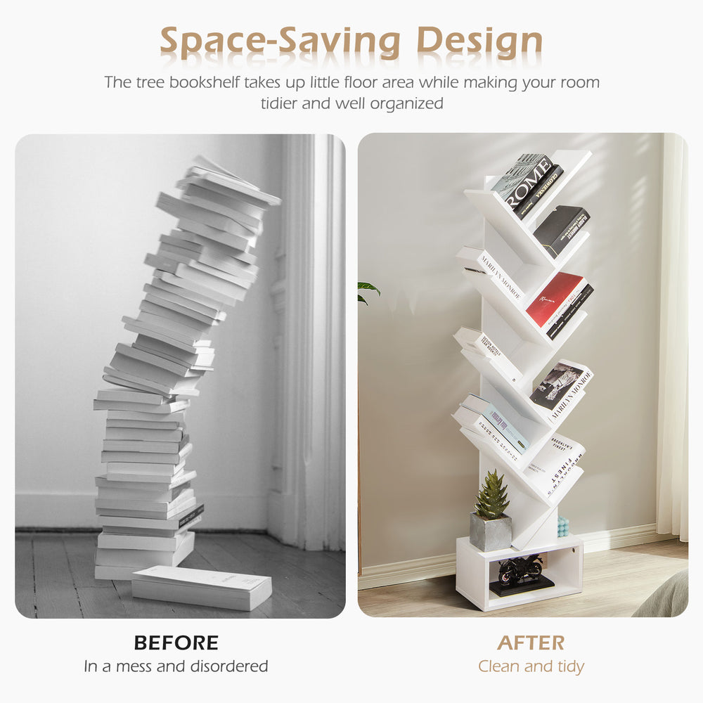 10-tier white tree bookshelf with removable drawer, designed for compact storage and stability in any room.