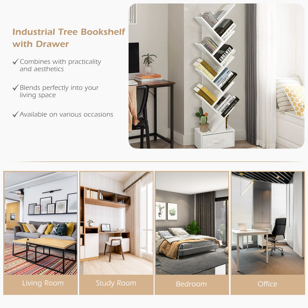 Tree bookshelf with 10 shelves and removable drawer, designed for compact storage in living room or study.