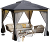 Heavy-duty 10x10 ft gray patio gazebo with netting walls, featuring a sturdy frame and sandbags for stability.
