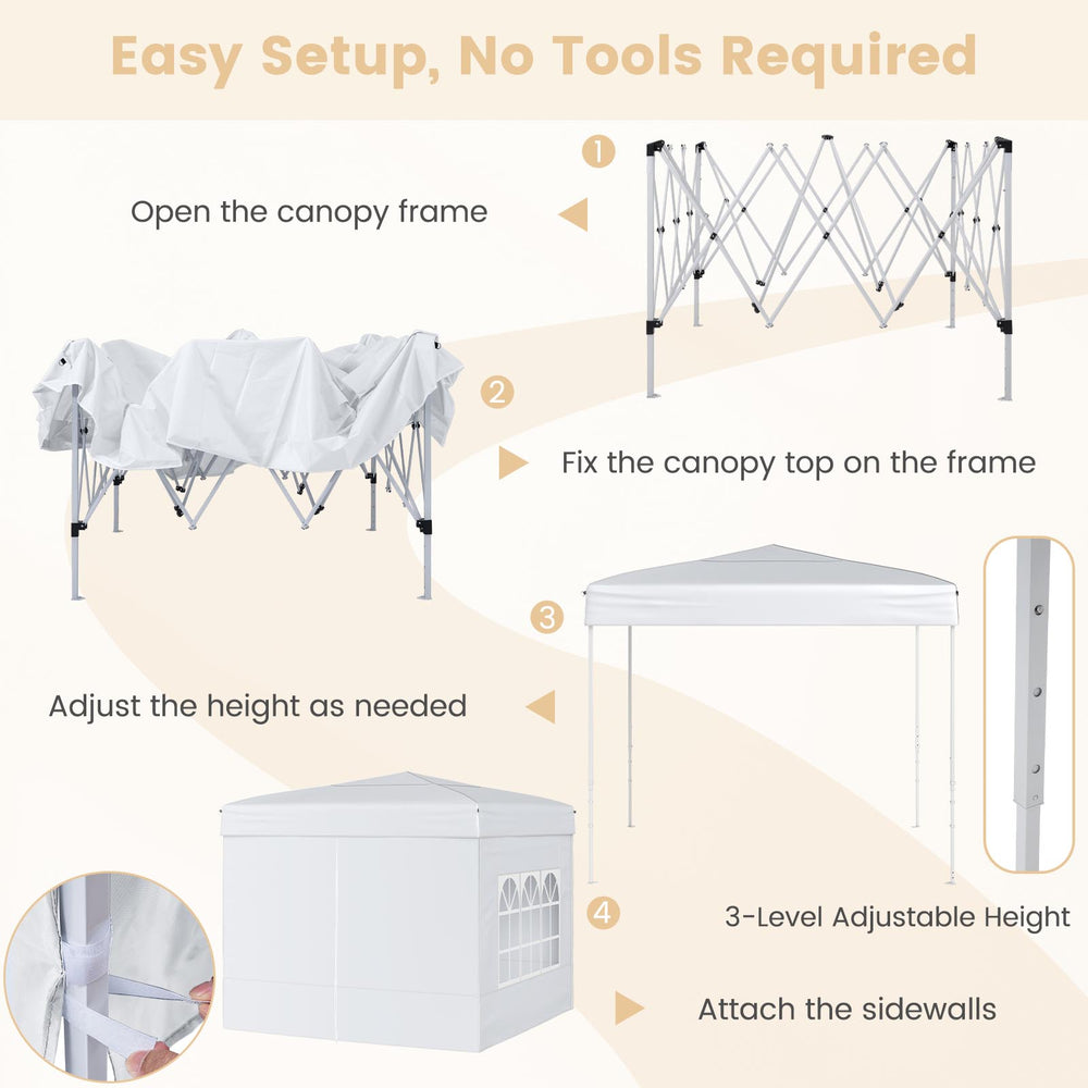 Pop-up canopy tent setup steps showing frame assembly, height adjustment, and sidewall attachment for outdoor use.