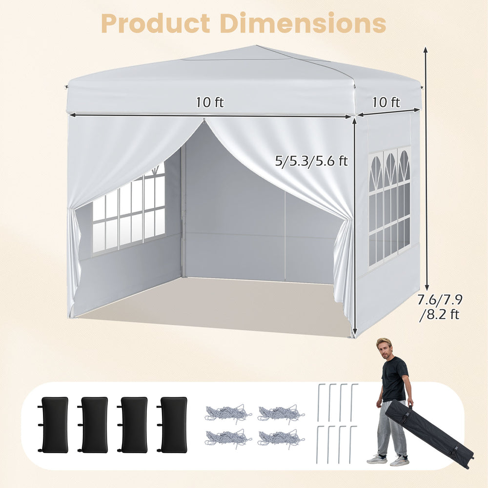 10x10 ft pop-up canopy tent in white with 4 sidewalls, ideal for outdoor events and providing sun protection.