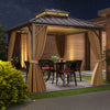 10x10 feet hardtop gazebo with netting and curtains, featuring a sturdy aluminum frame for patio and backyard use.