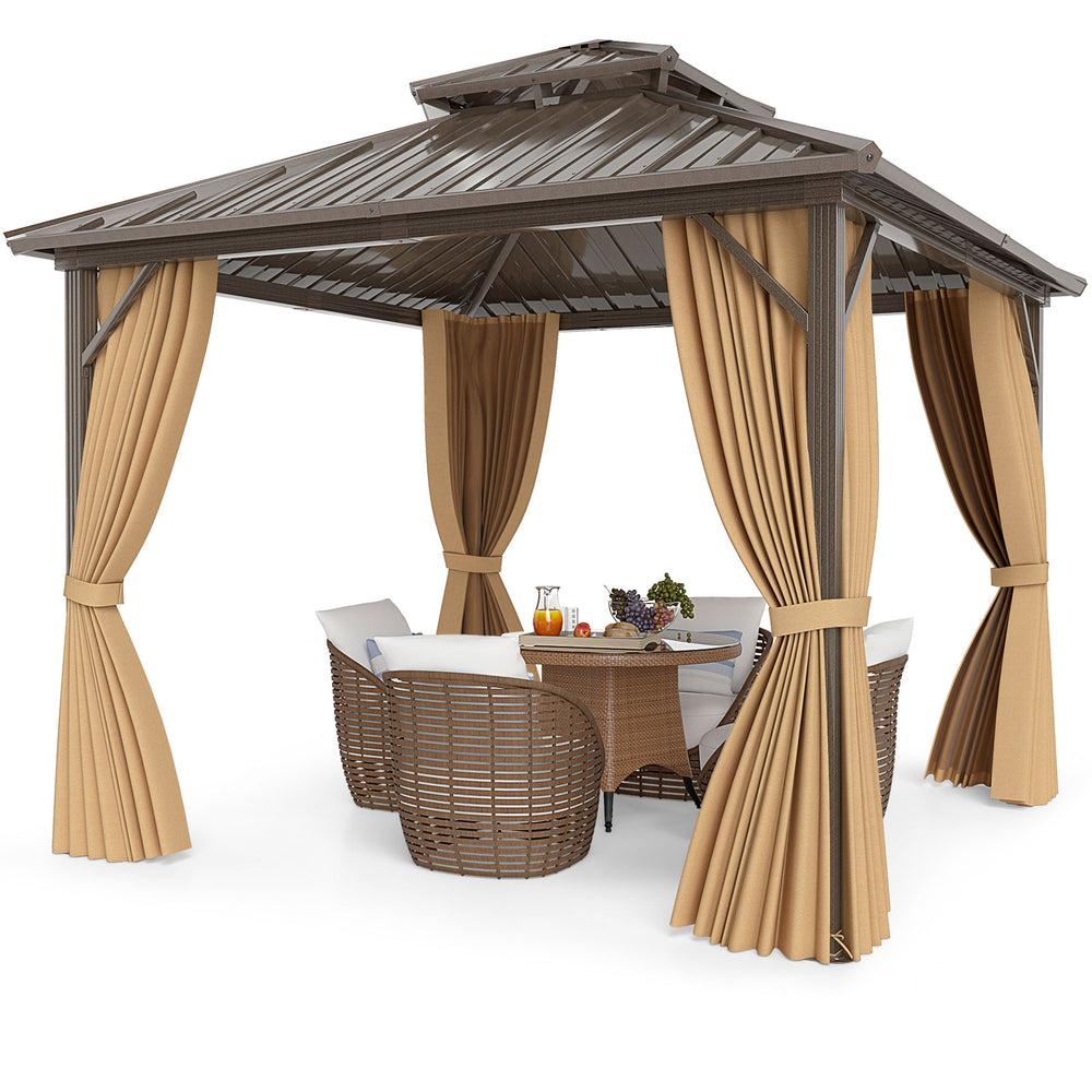 10x10 feet hardtop gazebo with waterproof curtains and netting, perfect for patio or backyard gatherings.