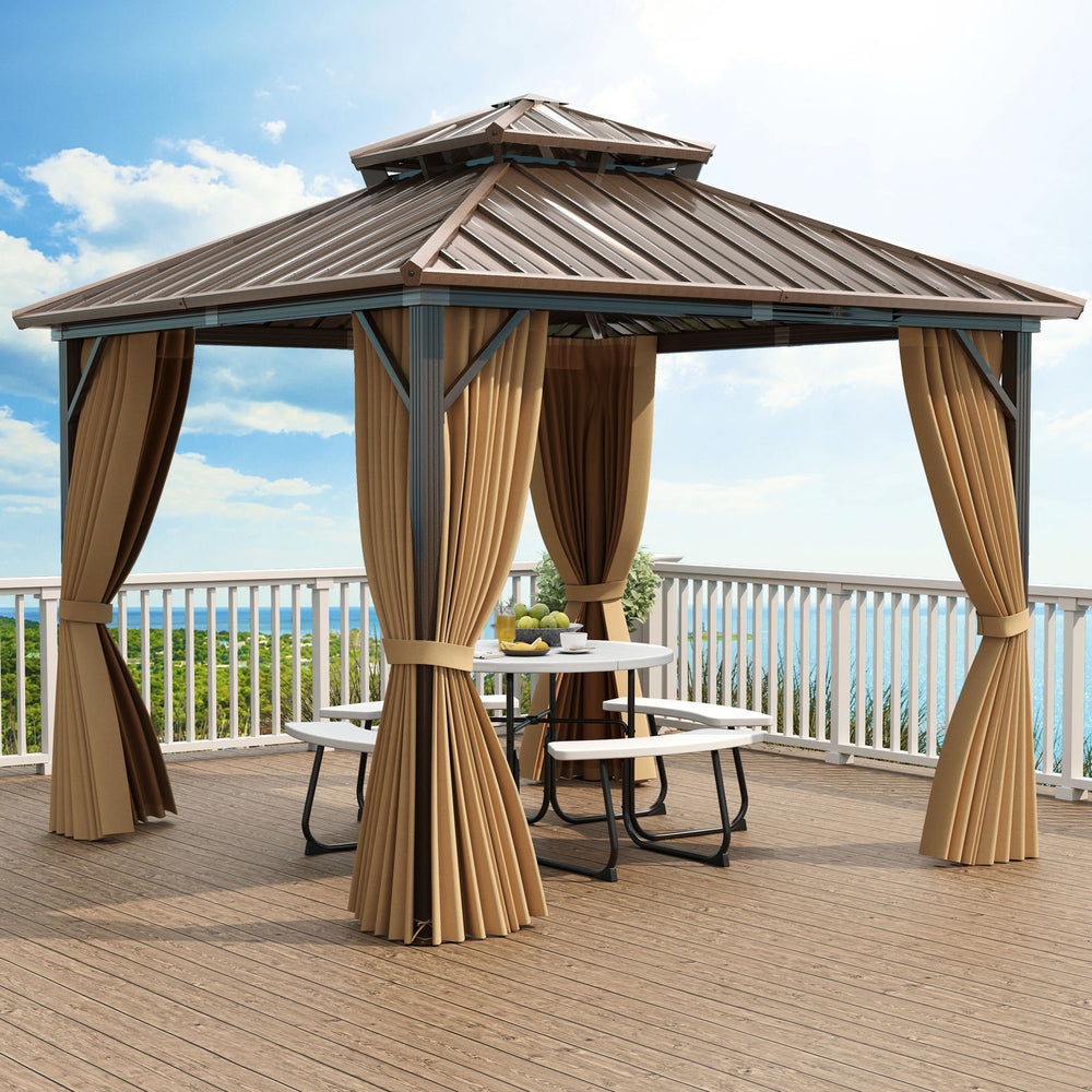 10x10 feet hardtop gazebo with waterproof metal roof, netting, and curtains, perfect for patio and backyard use.