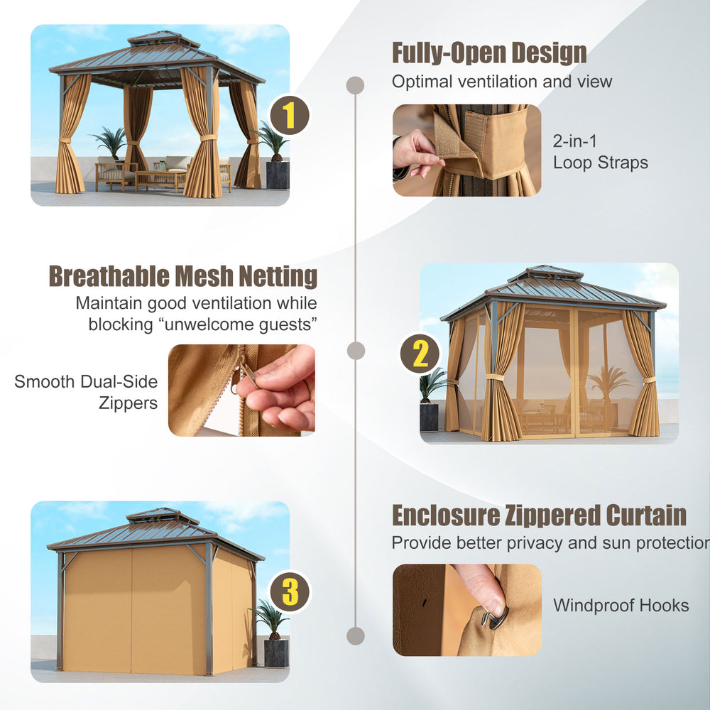 10x10 feet hardtop gazebo with mesh netting and zippered curtains, designed for patio protection and ventilation.