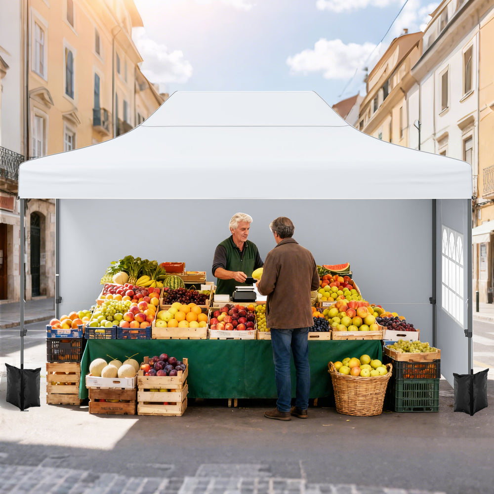 Pop up canopy tent with white cover, ideal for outdoor markets, providing 140 sq.ft shade area for 4-6 people.
