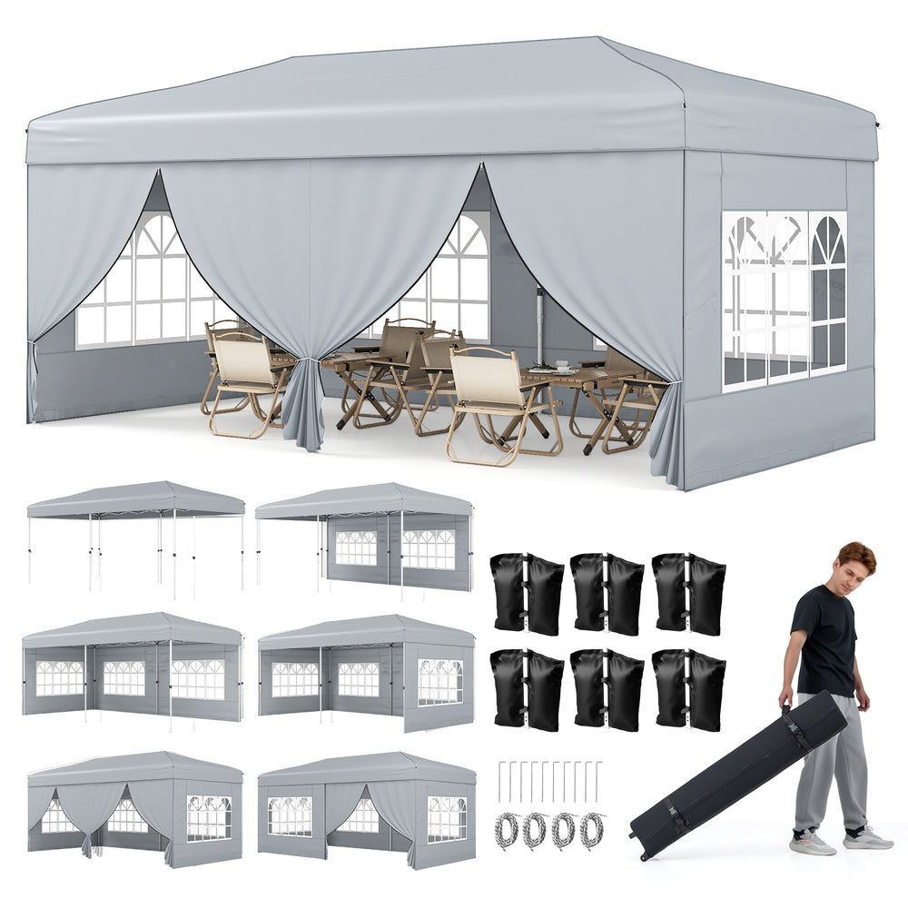 Gray 10 x 20 feet pop-up canopy tent with 6 detachable sidewalls, ideal for outdoor events and gatherings.