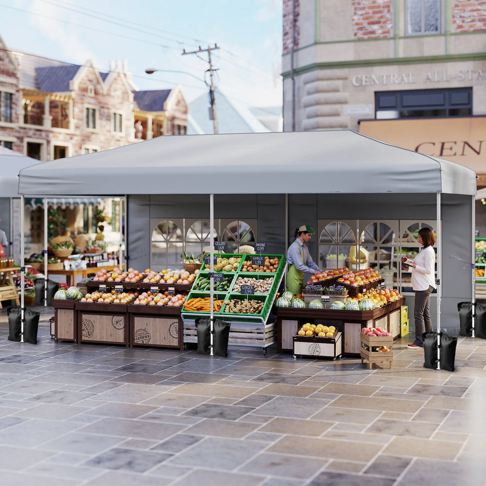 10x20 feet gray pop-up canopy tent with 6 sidewalls, ideal for outdoor markets and events, featuring easy setup and.