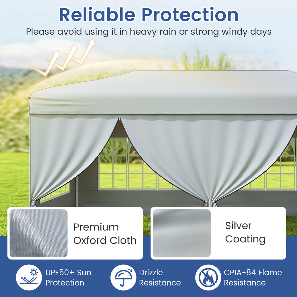 Gray 10 x 20 feet pop-up canopy tent with 6 sidewalls, made of thick Oxford cloth for sun and drizzle protection.