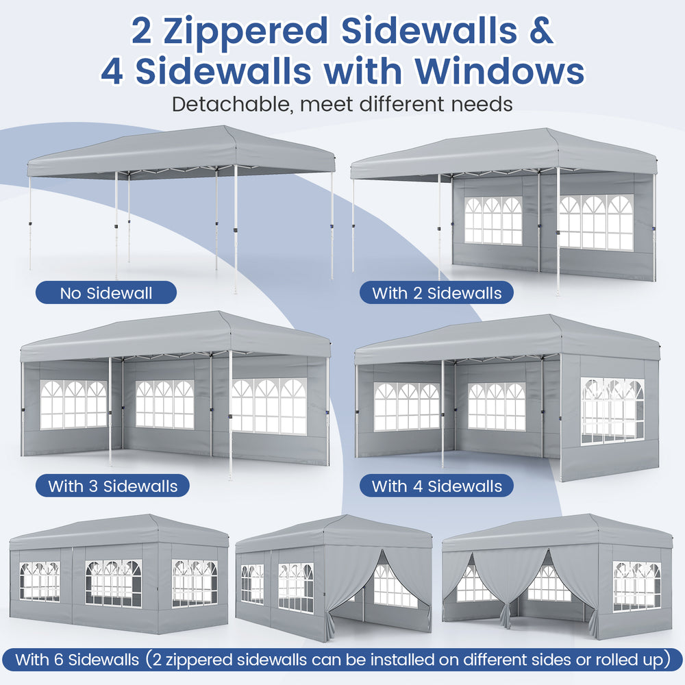 Gray 10 x 20 feet pop-up canopy tent with 6 detachable sidewalls, showcasing various configurations for versatile use.
