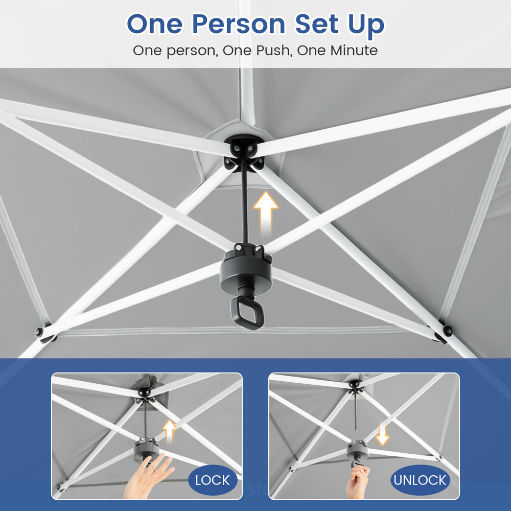 Close-up of the one-hand center lock system for the 10 x 20 feet pop-up canopy tent, enabling quick setup.