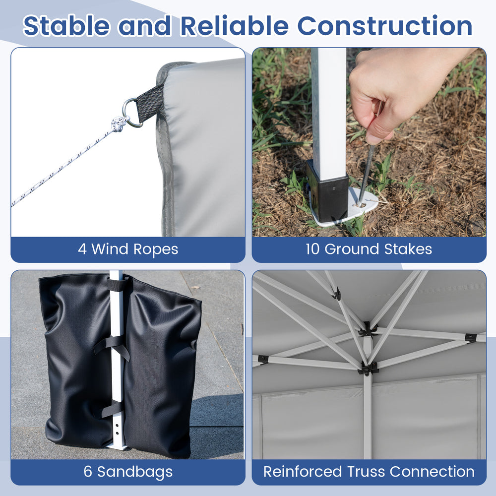 Detail of the 10 x 20 feet pop-up canopy tent showing reinforced truss connection and ground stakes for stability.