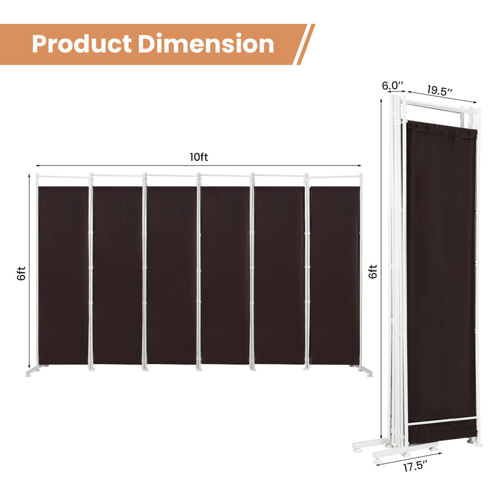 6-panel folding privacy screen in brown with adjustable footpads, ideal for creating private spaces in home or office.