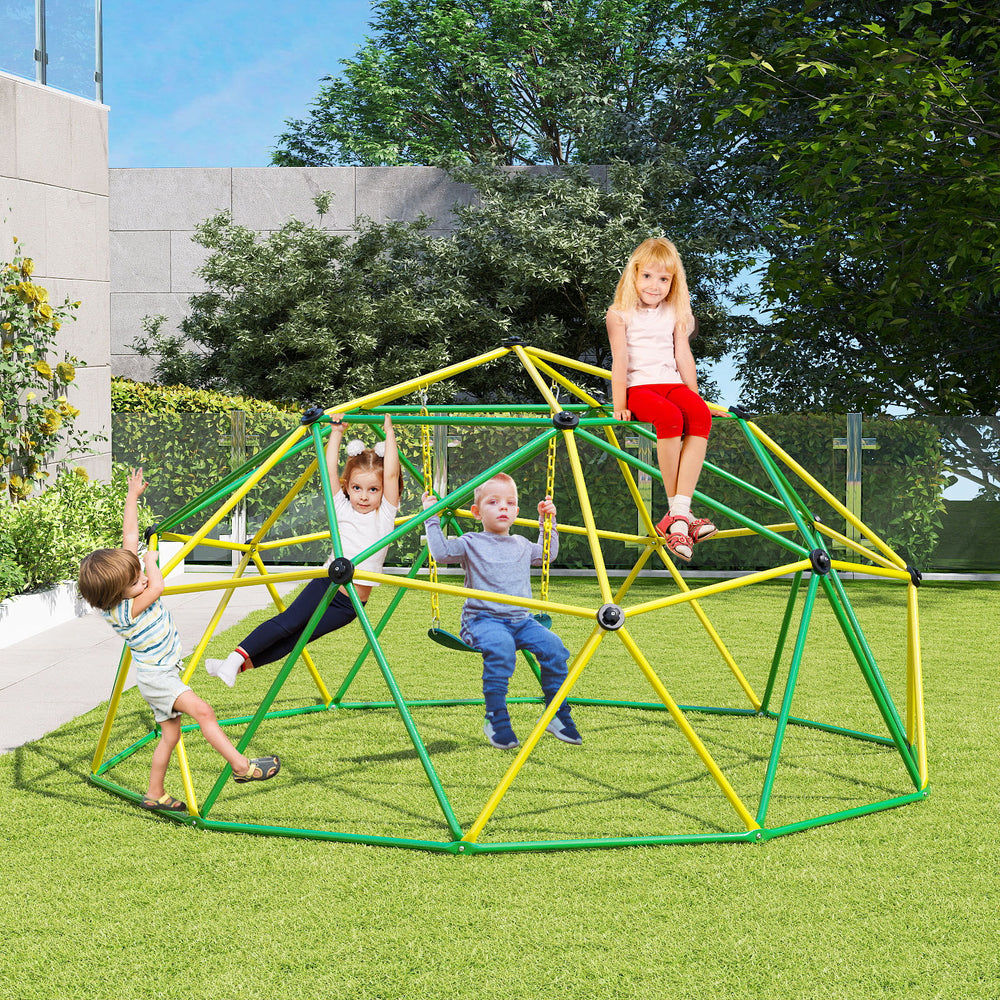 Dome climber with swing for kids, featuring durable metal pipes and 800 lbs capacity, perfect for backyard fun.