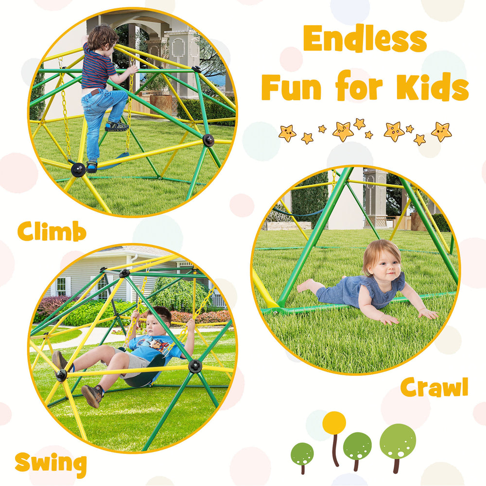 Dome climber with swing for kids, featuring durable metal pipes and safe climbing handles, perfect for backyard fun.