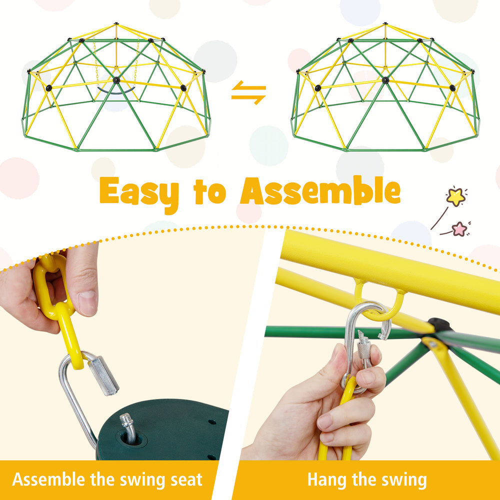 Dome climber assembly steps showing swing seat attachment and hanging process for kids' outdoor play.