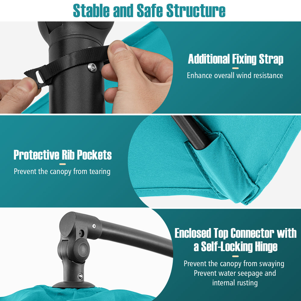 Offset hanging umbrella with tilt in turquoise, featuring protective rib pockets and a self-locking hinge for stability.