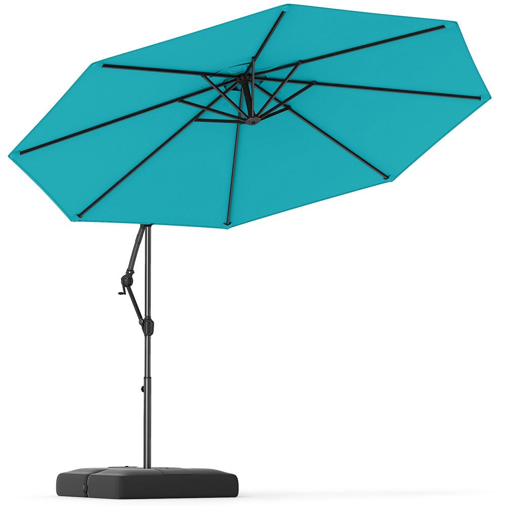 Turquoise 10 feet offset hanging umbrella with base, featuring tilt and 360° rotation for optimal sun protection.