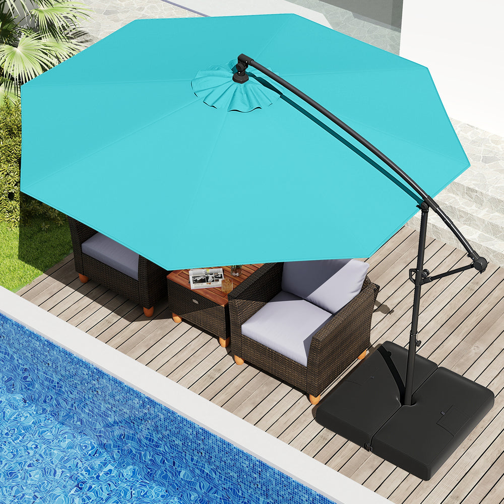 10 Feet Offset Hanging Umbrella with Base Patio Cantilever Umbrella with Tilt-Turquoise - Gallery View 1 of 12