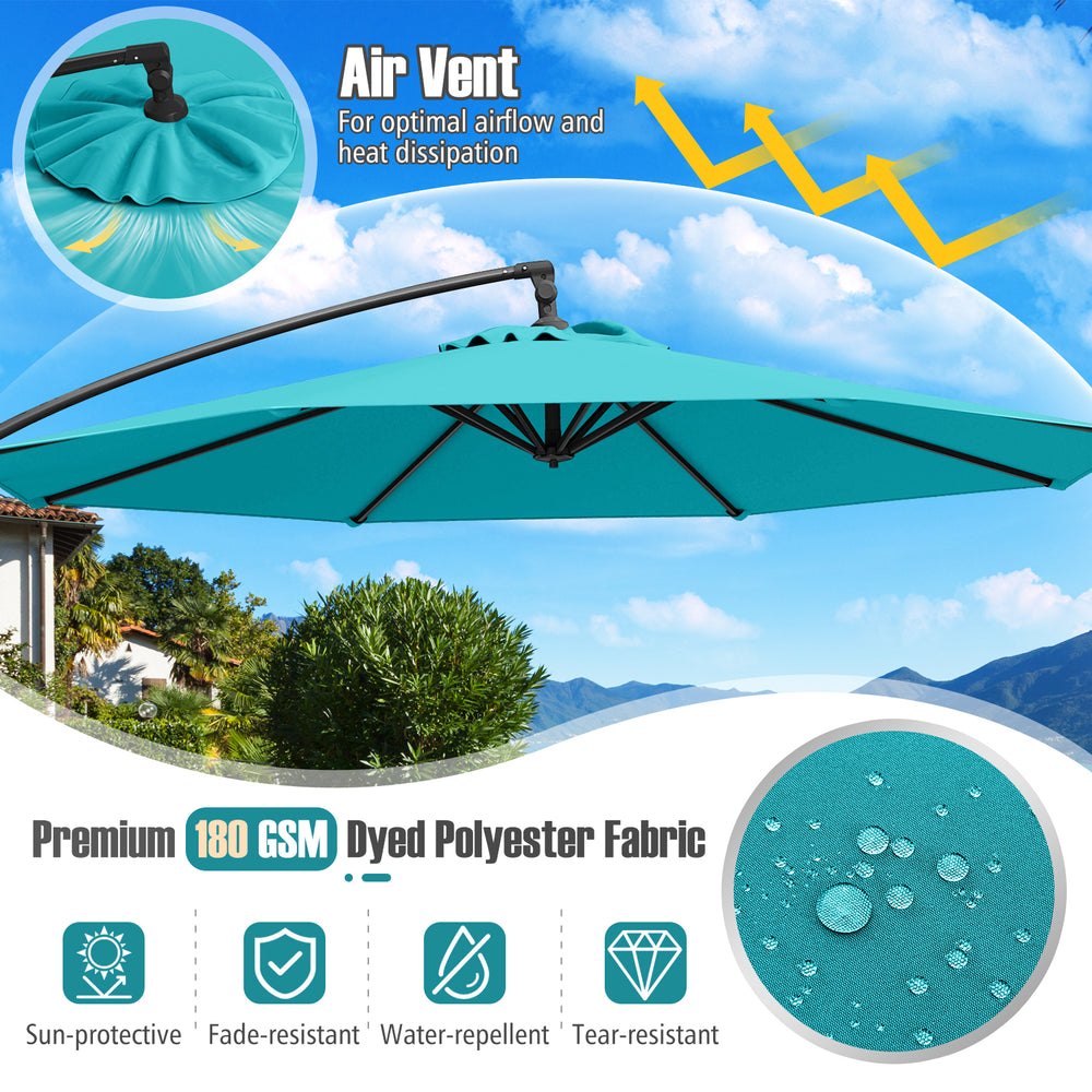 Turquoise 10 feet offset hanging umbrella with air vent, featuring fade-resistant, water-repellent polyester fabric for.