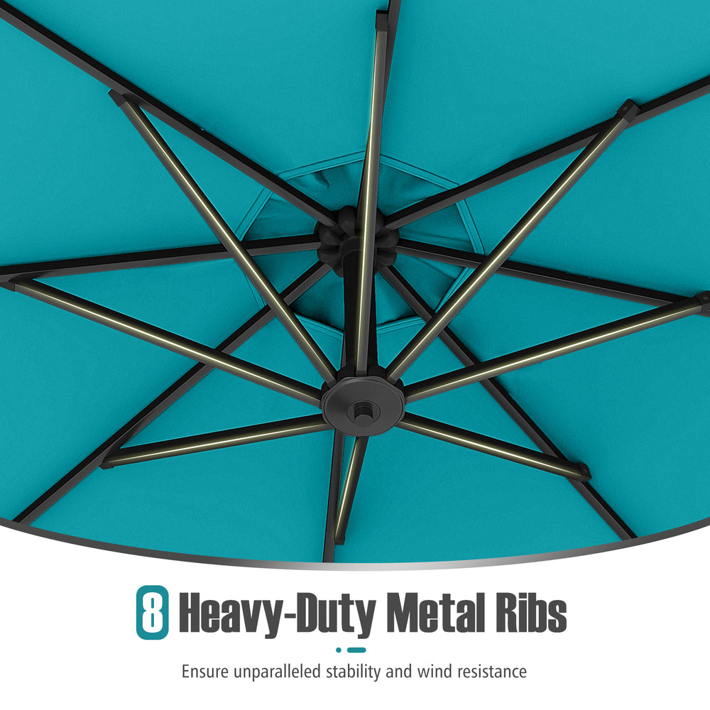 Close-up of the 8 heavy-duty metal ribs of the turquoise offset hanging umbrella, ensuring stability and wind.