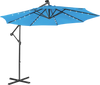 10 feet blue patio solar powered cantilever umbrella with tilting system and LED lights for outdoor relaxation.
