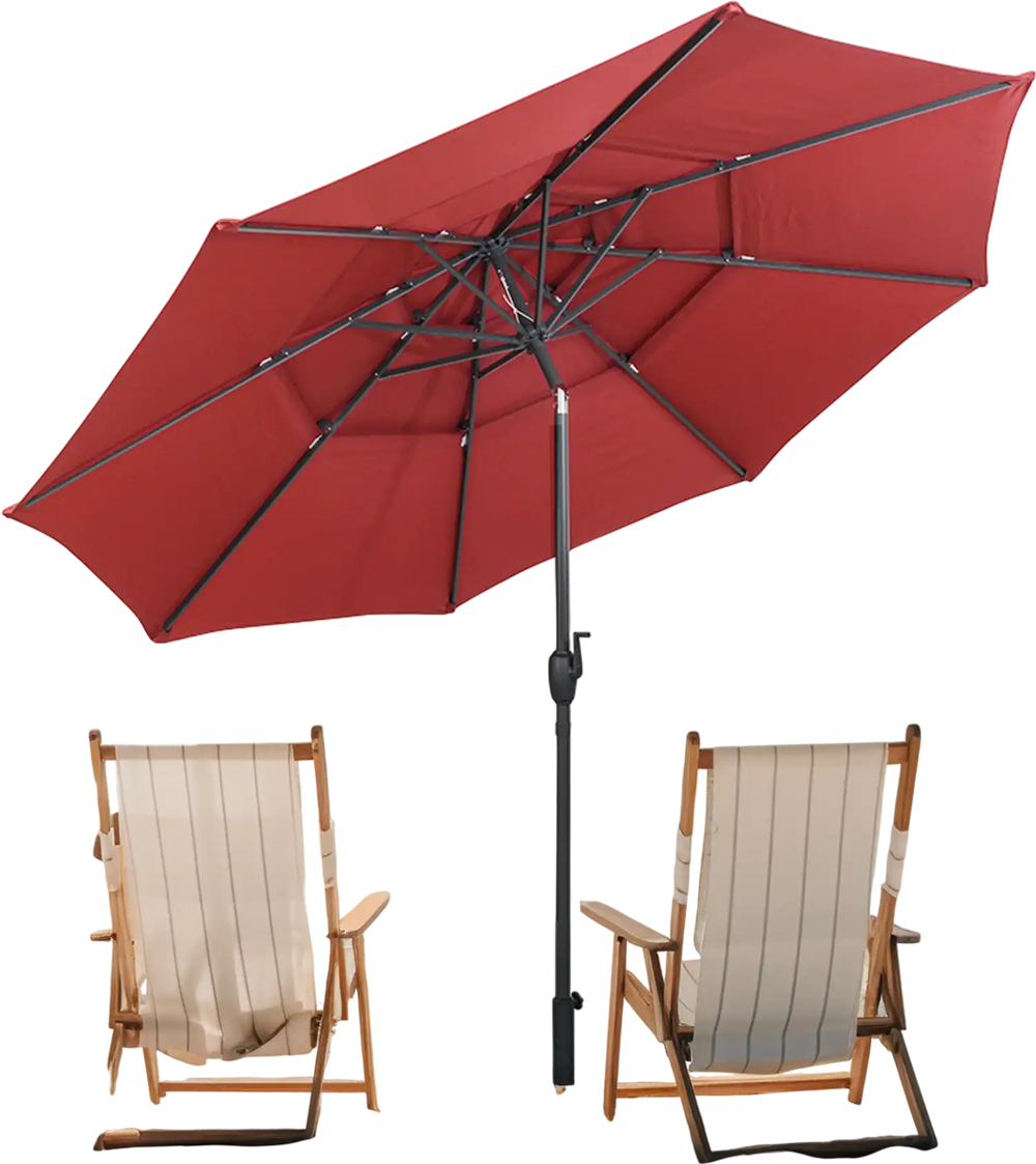 Red 10 ft 3-tier vented patio umbrella with push button tilt, providing shade for two beach chairs by the ocean.