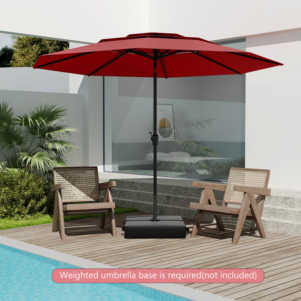 10 ft red patio umbrella with 3-tier vented top, push button tilt, and durable design for outdoor relaxation.