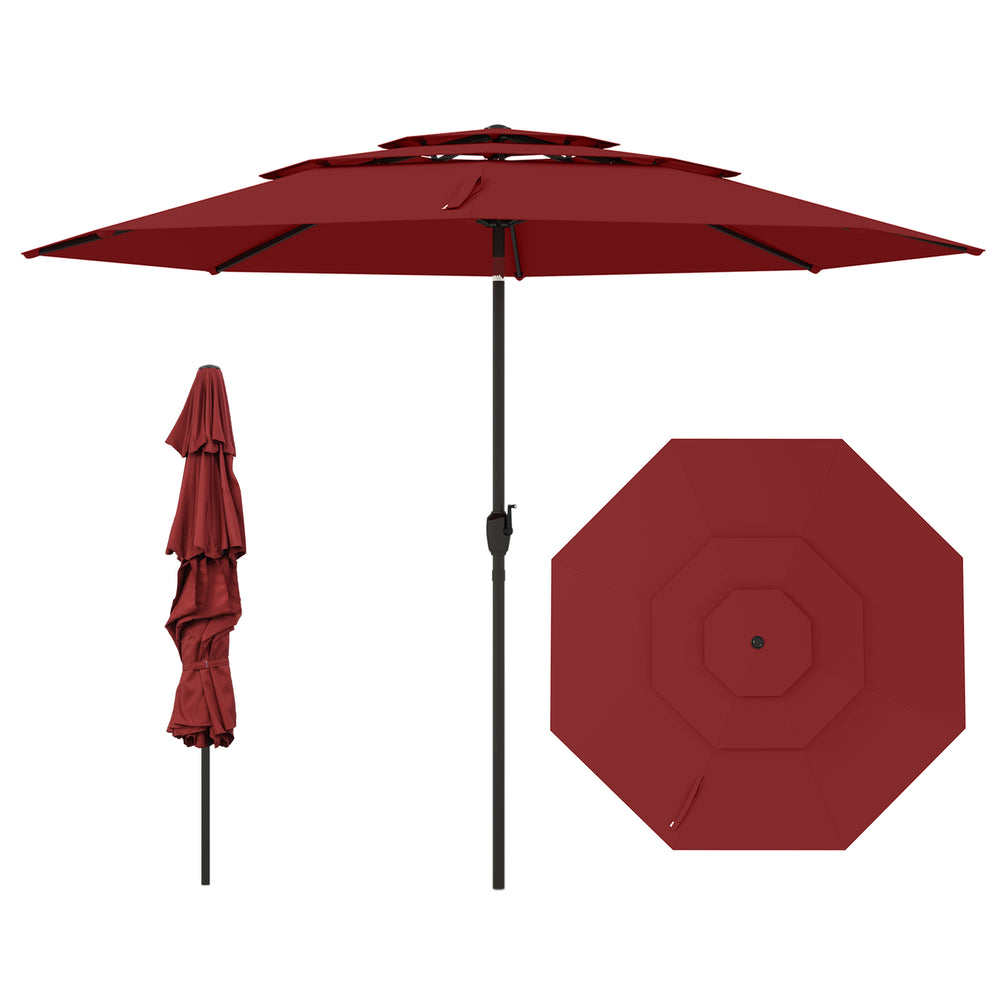 10 ft red 3-tier vented patio umbrella with push button tilt, featuring durable polyester fabric and easy crank handle.